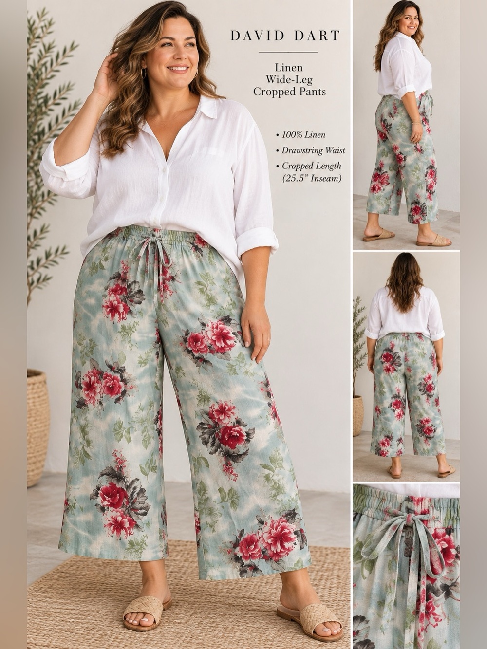 David Dart Floral Wide-Leg 25.5” Linen Cropped Pants